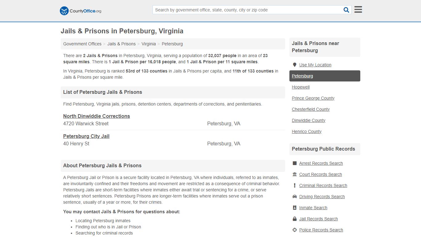 Jails & Prisons - Petersburg, VA (Inmate Rosters & Records) - County Office